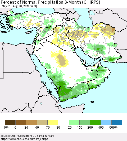 Middle East and Turkey Percent of Normal Precipitation 3-Month (CHIRPS) Thematic Map For 5/21/2020 - 8/20/2020