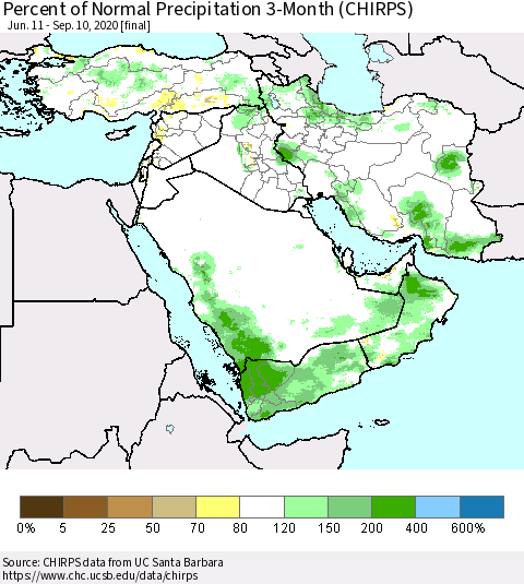 Middle East and Turkey Percent of Normal Precipitation 3-Month (CHIRPS) Thematic Map For 6/11/2020 - 9/10/2020