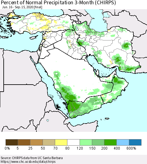 Middle East and Turkey Percent of Normal Precipitation 3-Month (CHIRPS) Thematic Map For 6/16/2020 - 9/15/2020
