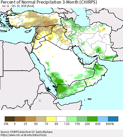 Middle East and Turkey Percent of Normal Precipitation 3-Month (CHIRPS) Thematic Map For 7/11/2020 - 10/10/2020