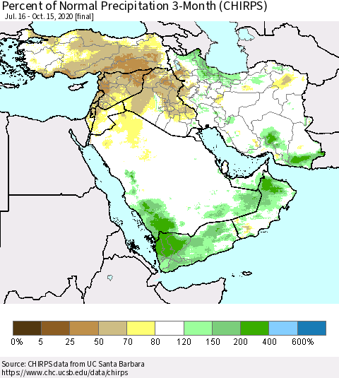 Middle East and Turkey Percent of Normal Precipitation 3-Month (CHIRPS) Thematic Map For 7/16/2020 - 10/15/2020