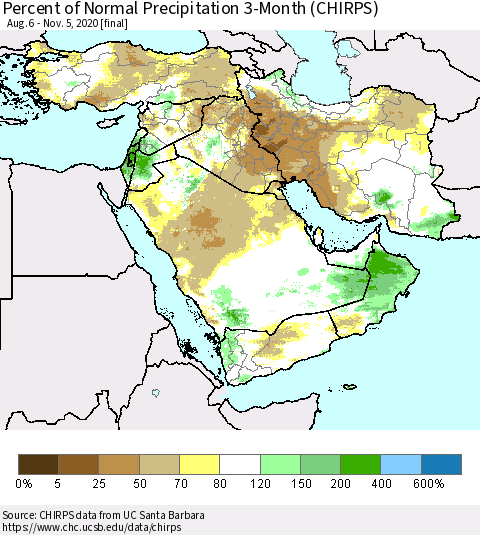 Middle East and Turkey Percent of Normal Precipitation 3-Month (CHIRPS) Thematic Map For 8/6/2020 - 11/5/2020
