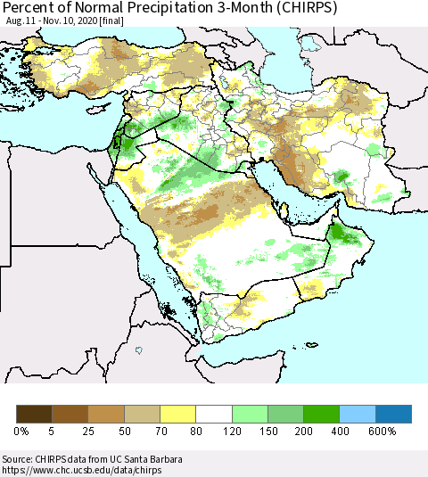 Middle East and Turkey Percent of Normal Precipitation 3-Month (CHIRPS) Thematic Map For 8/11/2020 - 11/10/2020