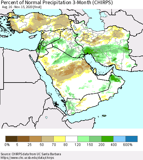 Middle East and Turkey Percent of Normal Precipitation 3-Month (CHIRPS) Thematic Map For 8/16/2020 - 11/15/2020
