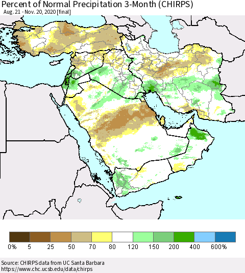 Middle East and Turkey Percent of Normal Precipitation 3-Month (CHIRPS) Thematic Map For 8/21/2020 - 11/20/2020