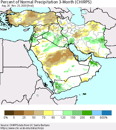 Middle East and Turkey Percent of Normal Precipitation 3-Month (CHIRPS) Thematic Map For 8/26/2020 - 11/25/2020