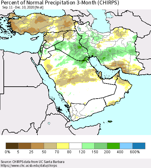Middle East and Turkey Percent of Normal Precipitation 3-Month (CHIRPS) Thematic Map For 9/11/2020 - 12/10/2020