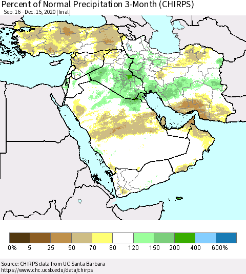 Middle East and Turkey Percent of Normal Precipitation 3-Month (CHIRPS) Thematic Map For 9/16/2020 - 12/15/2020