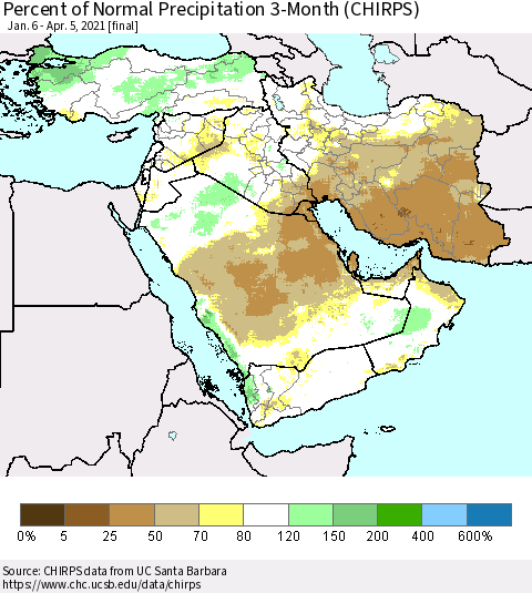 Middle East and Turkey Percent of Normal Precipitation 3-Month (CHIRPS) Thematic Map For 1/6/2021 - 4/5/2021