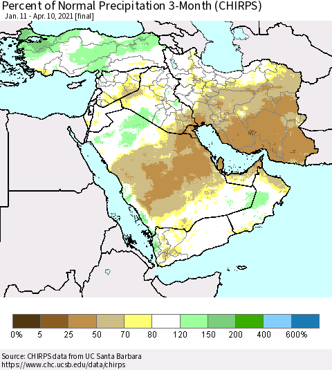 Middle East and Turkey Percent of Normal Precipitation 3-Month (CHIRPS) Thematic Map For 1/11/2021 - 4/10/2021