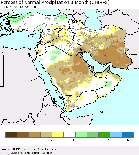 Middle East and Turkey Percent of Normal Precipitation 3-Month (CHIRPS) Thematic Map For 1/16/2021 - 4/15/2021