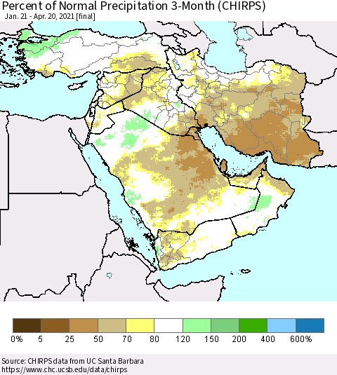 Middle East and Turkey Percent of Normal Precipitation 3-Month (CHIRPS) Thematic Map For 1/21/2021 - 4/20/2021