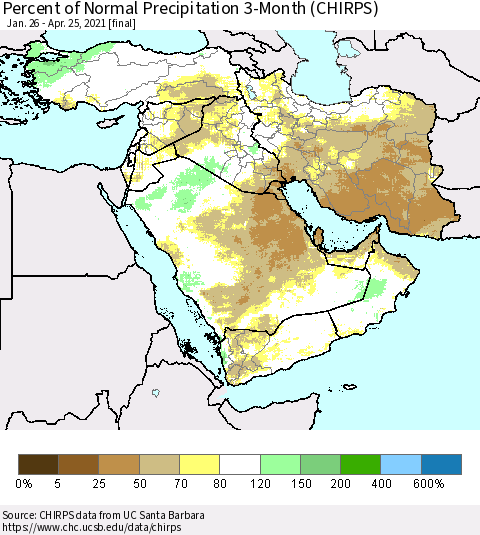 Middle East and Turkey Percent of Normal Precipitation 3-Month (CHIRPS) Thematic Map For 1/26/2021 - 4/25/2021