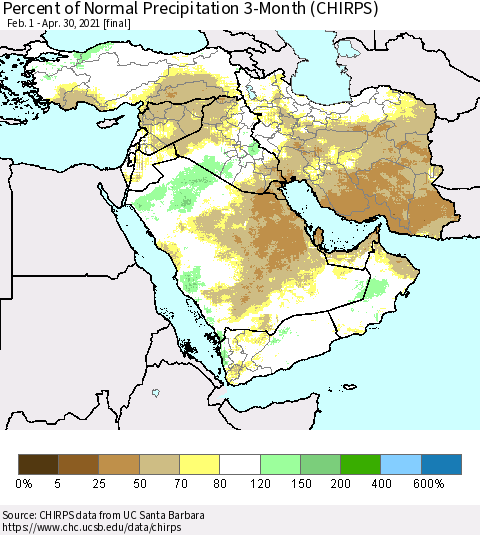 Middle East and Turkey Percent of Normal Precipitation 3-Month (CHIRPS) Thematic Map For 2/1/2021 - 4/30/2021
