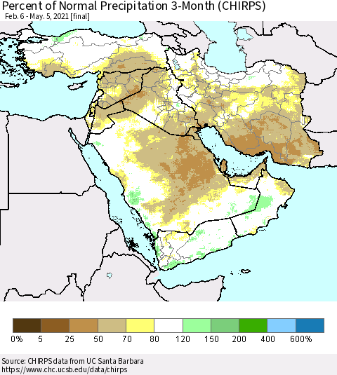Middle East and Turkey Percent of Normal Precipitation 3-Month (CHIRPS) Thematic Map For 2/6/2021 - 5/5/2021