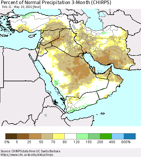 Middle East and Turkey Percent of Normal Precipitation 3-Month (CHIRPS) Thematic Map For 2/11/2021 - 5/10/2021