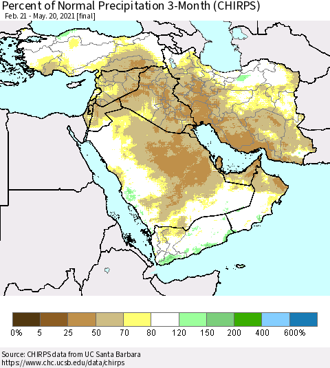 Middle East and Turkey Percent of Normal Precipitation 3-Month (CHIRPS) Thematic Map For 2/21/2021 - 5/20/2021