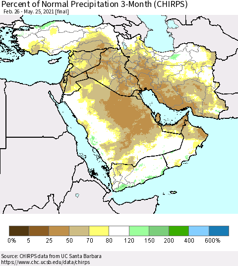 Middle East and Turkey Percent of Normal Precipitation 3-Month (CHIRPS) Thematic Map For 2/26/2021 - 5/25/2021
