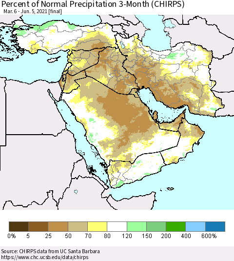 Middle East and Turkey Percent of Normal Precipitation 3-Month (CHIRPS) Thematic Map For 3/6/2021 - 6/5/2021