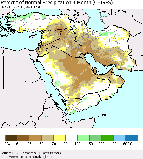 Middle East and Turkey Percent of Normal Precipitation 3-Month (CHIRPS) Thematic Map For 3/11/2021 - 6/10/2021