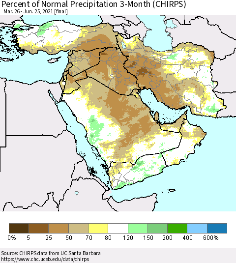 Middle East and Turkey Percent of Normal Precipitation 3-Month (CHIRPS) Thematic Map For 3/26/2021 - 6/25/2021