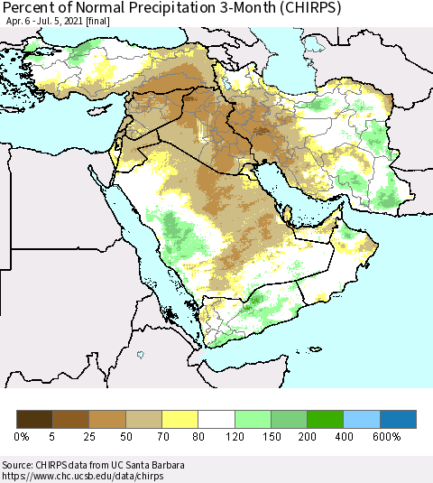 Middle East and Turkey Percent of Normal Precipitation 3-Month (CHIRPS) Thematic Map For 4/6/2021 - 7/5/2021