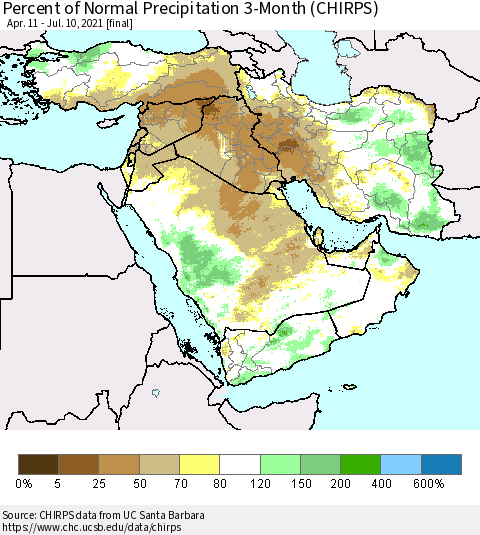 Middle East and Turkey Percent of Normal Precipitation 3-Month (CHIRPS) Thematic Map For 4/11/2021 - 7/10/2021