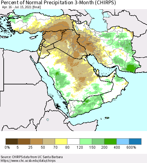Middle East and Turkey Percent of Normal Precipitation 3-Month (CHIRPS) Thematic Map For 4/16/2021 - 7/15/2021