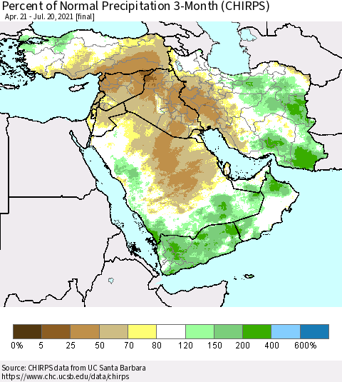 Middle East and Turkey Percent of Normal Precipitation 3-Month (CHIRPS) Thematic Map For 4/21/2021 - 7/20/2021