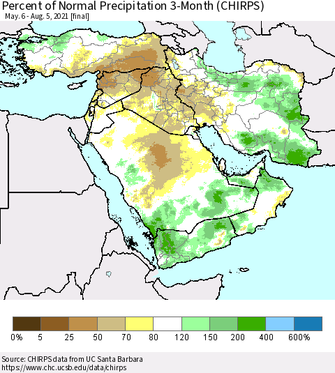 Middle East and Turkey Percent of Normal Precipitation 3-Month (CHIRPS) Thematic Map For 5/6/2021 - 8/5/2021