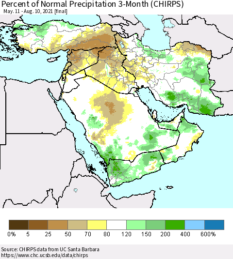 Middle East and Turkey Percent of Normal Precipitation 3-Month (CHIRPS) Thematic Map For 5/11/2021 - 8/10/2021