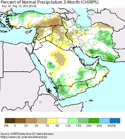 Middle East and Turkey Percent of Normal Precipitation 3-Month (CHIRPS) Thematic Map For 5/16/2021 - 8/15/2021