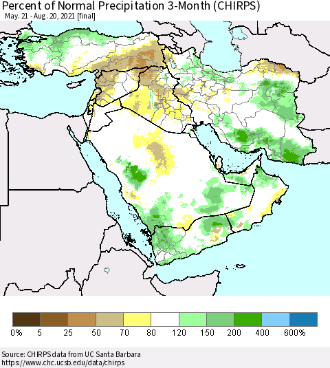 Middle East and Turkey Percent of Normal Precipitation 3-Month (CHIRPS) Thematic Map For 5/21/2021 - 8/20/2021