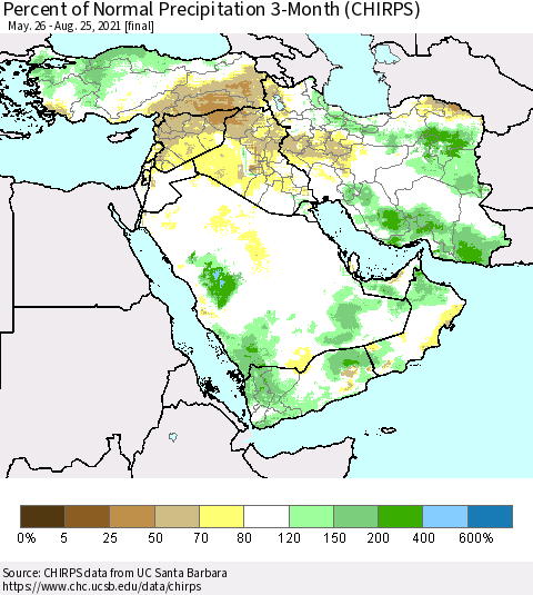 Middle East and Turkey Percent of Normal Precipitation 3-Month (CHIRPS) Thematic Map For 5/26/2021 - 8/25/2021