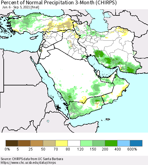 Middle East and Turkey Percent of Normal Precipitation 3-Month (CHIRPS) Thematic Map For 6/6/2021 - 9/5/2021