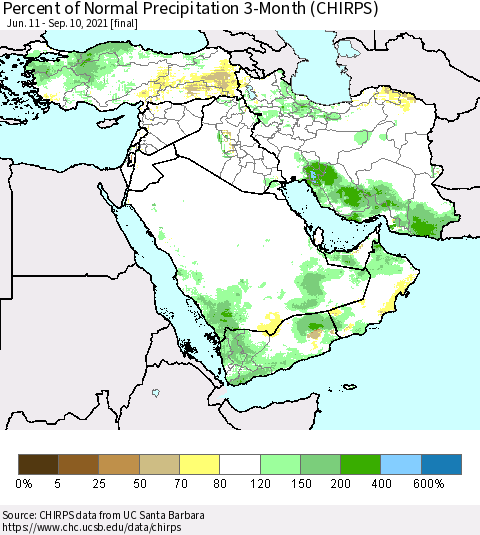 Middle East and Turkey Percent of Normal Precipitation 3-Month (CHIRPS) Thematic Map For 6/11/2021 - 9/10/2021