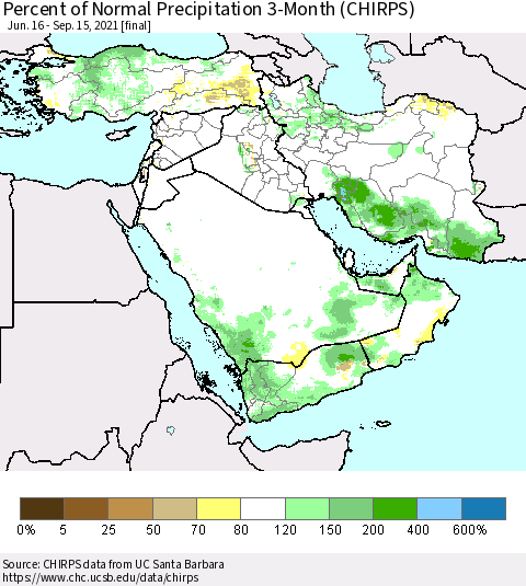 Middle East and Turkey Percent of Normal Precipitation 3-Month (CHIRPS) Thematic Map For 6/16/2021 - 9/15/2021