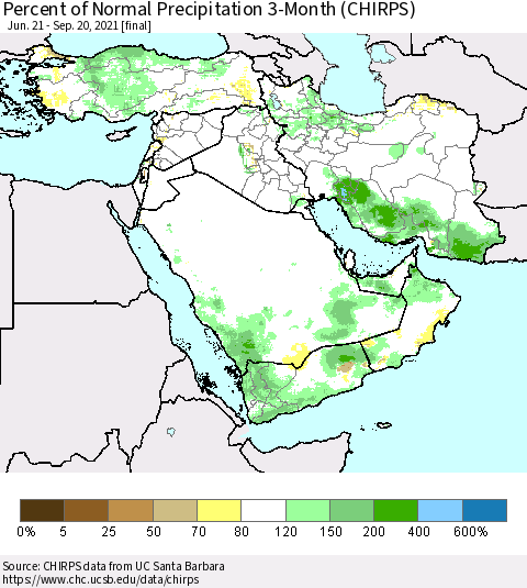 Middle East and Turkey Percent of Normal Precipitation 3-Month (CHIRPS) Thematic Map For 6/21/2021 - 9/20/2021