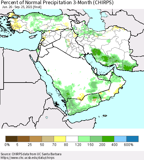 Middle East and Turkey Percent of Normal Precipitation 3-Month (CHIRPS) Thematic Map For 6/26/2021 - 9/25/2021