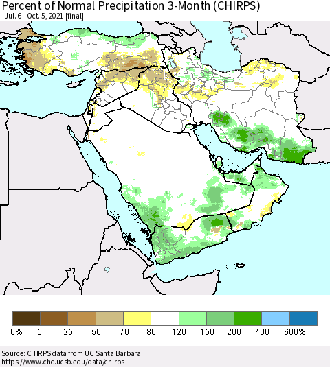 Middle East and Turkey Percent of Normal Precipitation 3-Month (CHIRPS) Thematic Map For 7/6/2021 - 10/5/2021