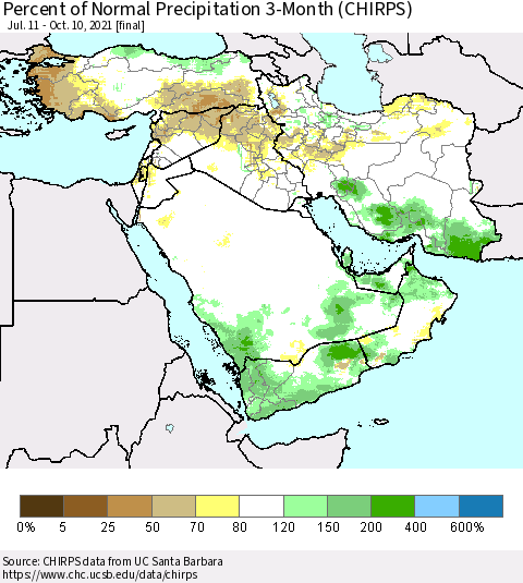 Middle East and Turkey Percent of Normal Precipitation 3-Month (CHIRPS) Thematic Map For 7/11/2021 - 10/10/2021
