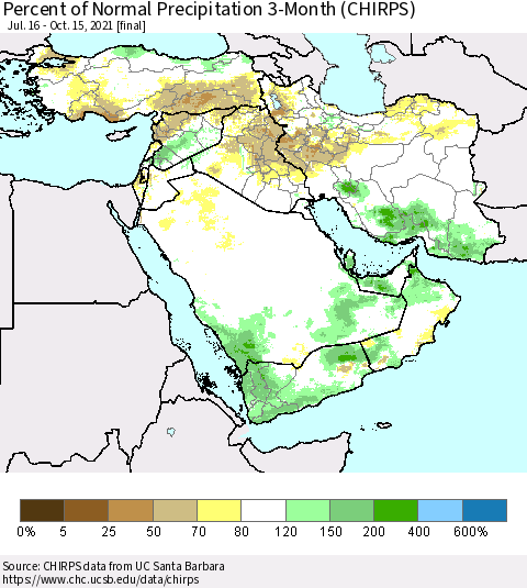 Middle East and Turkey Percent of Normal Precipitation 3-Month (CHIRPS) Thematic Map For 7/16/2021 - 10/15/2021