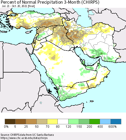 Middle East and Turkey Percent of Normal Precipitation 3-Month (CHIRPS) Thematic Map For 7/21/2021 - 10/20/2021