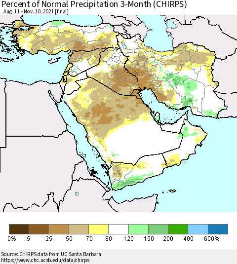Middle East and Turkey Percent of Normal Precipitation 3-Month (CHIRPS) Thematic Map For 8/11/2021 - 11/10/2021