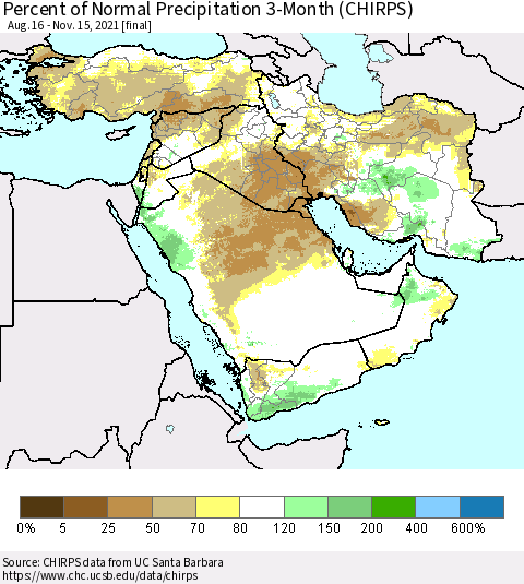 Middle East and Turkey Percent of Normal Precipitation 3-Month (CHIRPS) Thematic Map For 8/16/2021 - 11/15/2021