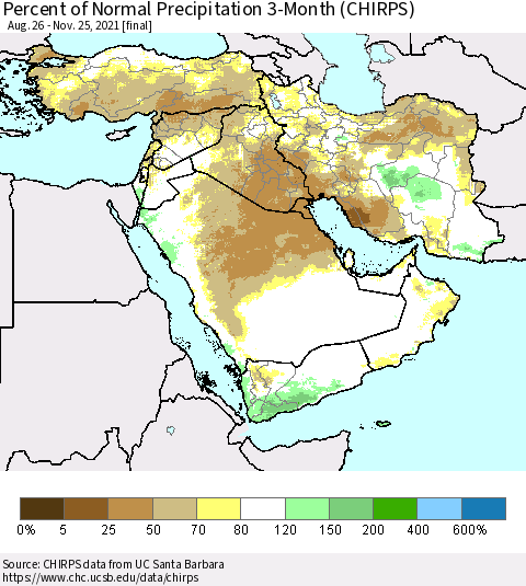 Middle East and Turkey Percent of Normal Precipitation 3-Month (CHIRPS) Thematic Map For 8/26/2021 - 11/25/2021