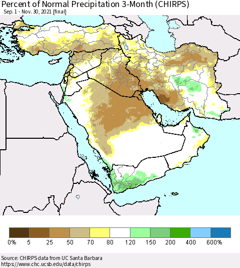 Middle East and Turkey Percent of Normal Precipitation 3-Month (CHIRPS) Thematic Map For 9/1/2021 - 11/30/2021