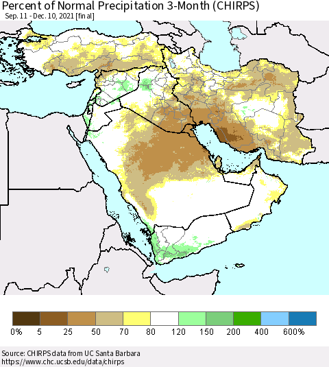 Middle East and Turkey Percent of Normal Precipitation 3-Month (CHIRPS) Thematic Map For 9/11/2021 - 12/10/2021
