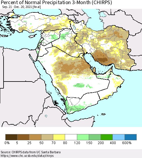 Middle East and Turkey Percent of Normal Precipitation 3-Month (CHIRPS) Thematic Map For 9/21/2021 - 12/20/2021