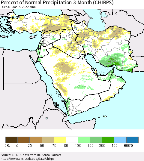 Middle East and Turkey Percent of Normal Precipitation 3-Month (CHIRPS) Thematic Map For 10/6/2021 - 1/5/2022